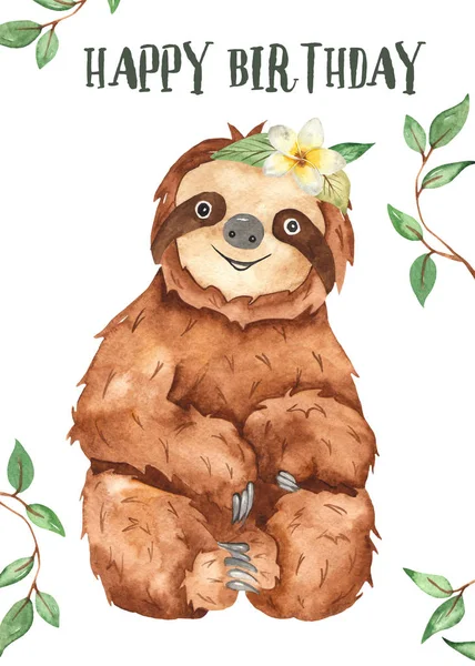 Cute Baby Animal Sloth Watercolor Happy Birthday Card — Stock Photo, Image