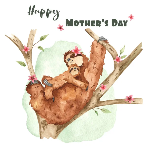 Cute Mom Baby Sloth Mother Day Watercolor Card — Stock Photo, Image