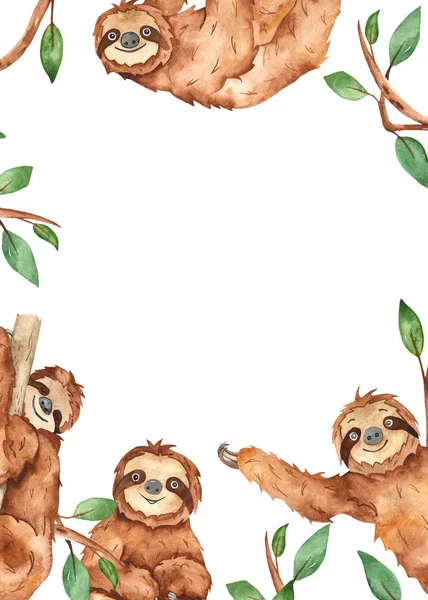 Cute animal sloths. Watercolor rectangular frame