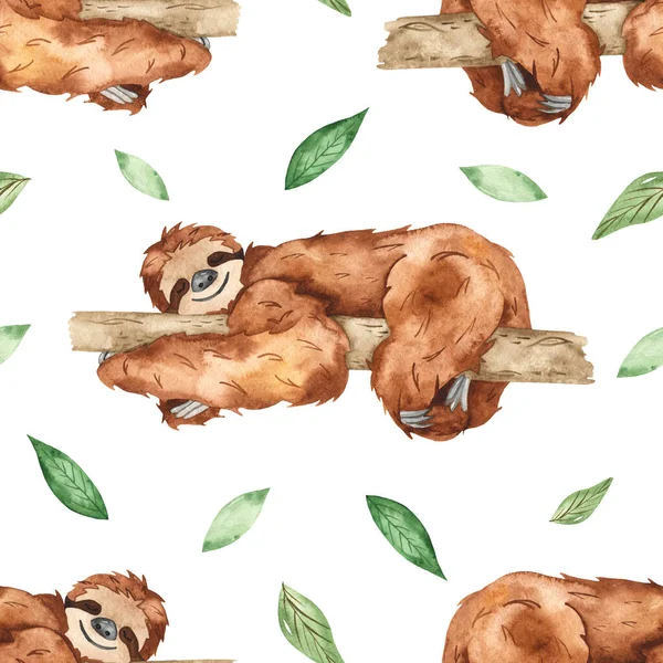 Watercolor seamless pattern with cute sleeping sloths on a tree and leaves on white background