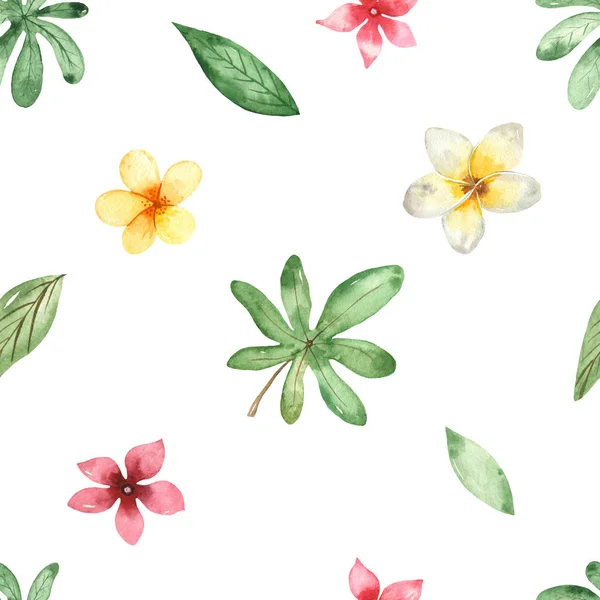 Tropische Bloemen Bladeren Een Witte Achtergrond Aquarel Naadloos Patroon — Stockfoto
