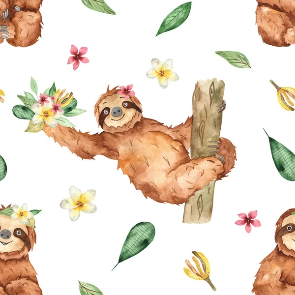 Cute sloths and tropical flowers and leaves on a white background. Watercolor seamless pattern