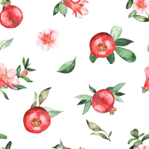 Granatäpplen Blommor Blad Vit Bakgrund Akvarell Sömlöst Mönster — Stockfoto