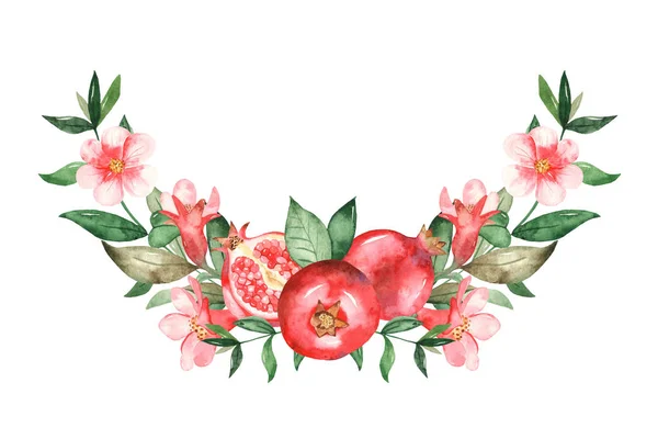 Pomegranates, halves of pomegranates, flowers, leaves, branches. Watercolor wreath, composition