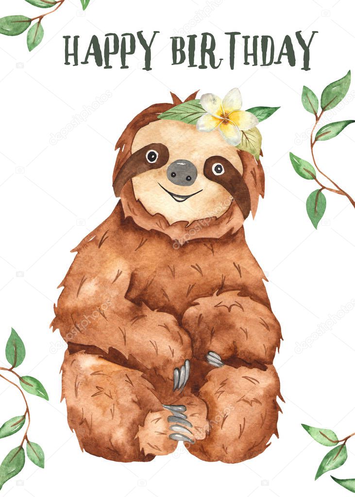 Cute baby animal sloth. Watercolor Happy Birthday card