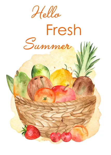 Basket of fruits illustration. Watercolor hand painted card