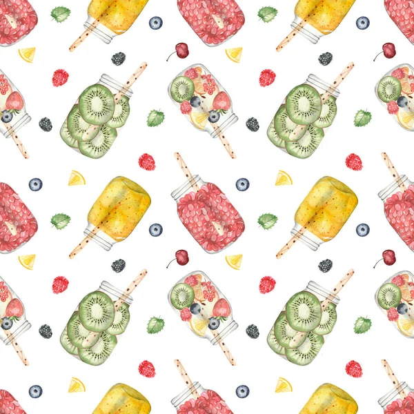 Fruit and smoothie in a glass on a white background. Watercolor seamless pattern.