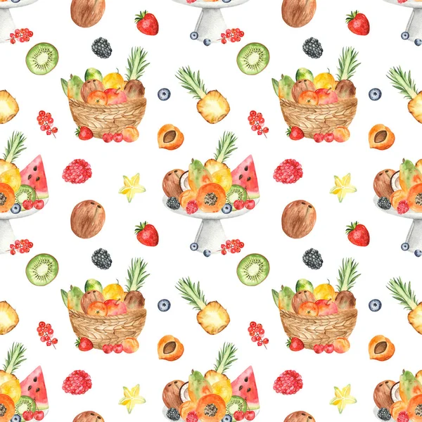 Fruits Vase Basket White Background Watercolor Seamless Pattern — Stock Photo, Image