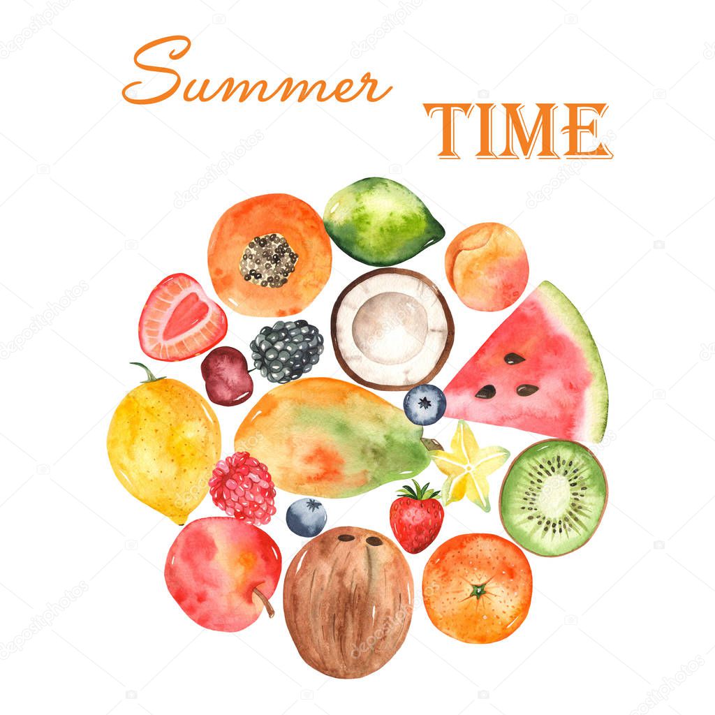 Fruits in the form of a circle. Watercolor hand painted card