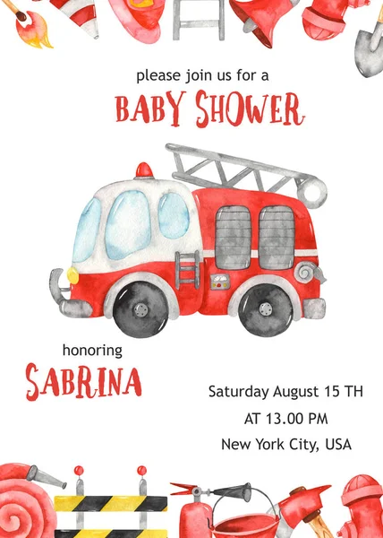 Fire truck and fire equipment. Watercolor baby shower card template