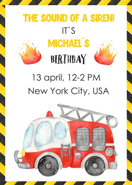 Πρότυπο Κάρτας Υδατογραφίας Πυροσβεστικό Φορτηγό Γενέθλια Πρόσκληση — Φωτογραφία Αρχείου