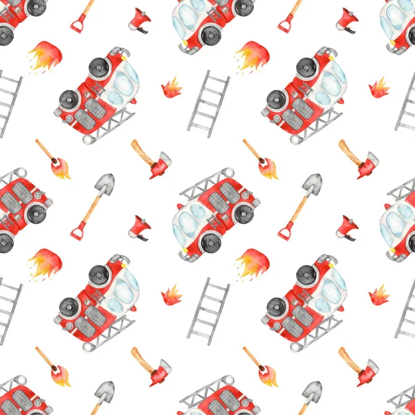 Tűzoltó Tűzoltó Felszerelés Fehér Háttérrel Akvarell Zökkenőmentes Minta — Stock Fotó