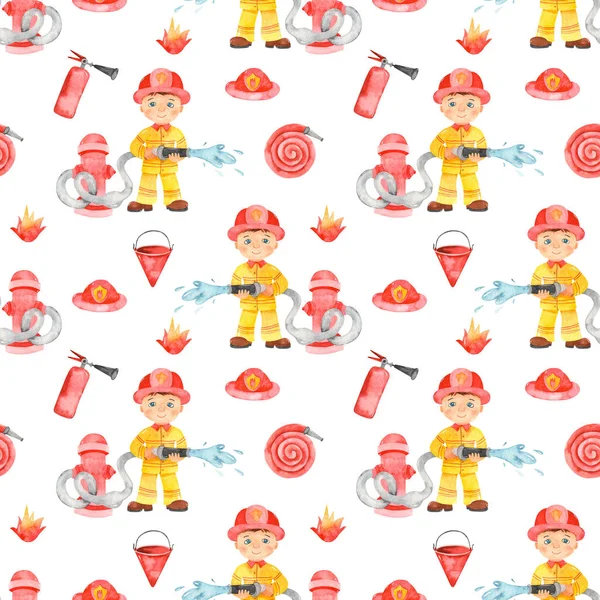 Feuerwehrmann Und Feuerwehrausrüstung Weißer Hintergrund Nahtloses Aquarell Muster — Stockfoto