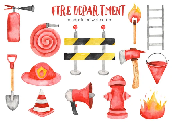 Cute Cartoon Fire Equipment Kids Watercolor Fire Station Set Clipart — Stock Photo, Image