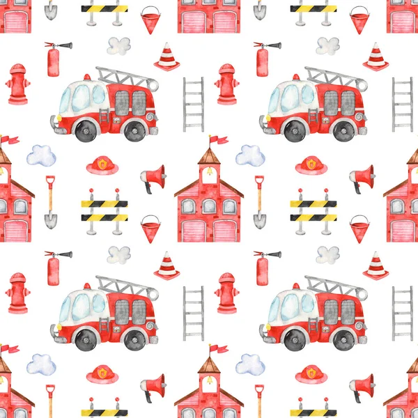 Fire Station Truck Fire Equipment White Background Watercolor Seamless Pattern — Stock Photo, Image