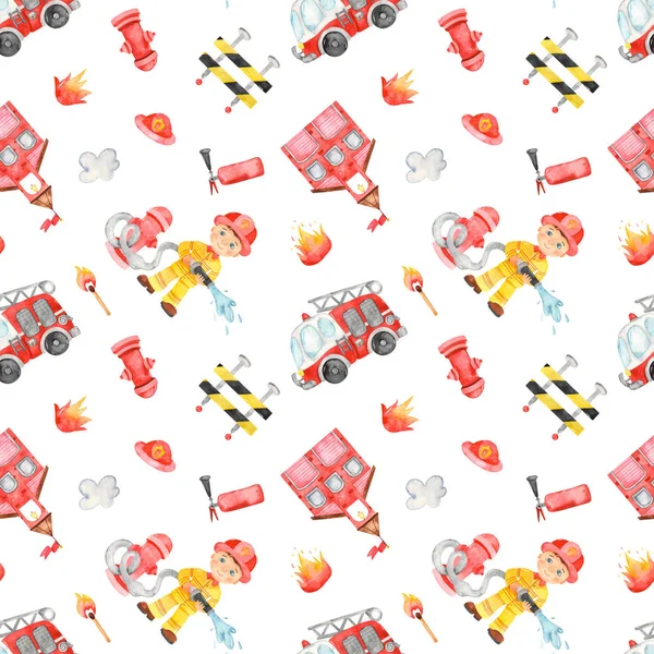 Cute Cartoon Fire Engine Fireman Fire Station White Background Watercolor — Stock Photo, Image