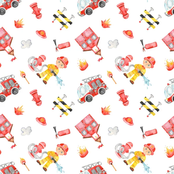 Cute cartoon fire engine, fireman, fire station on a white background. Watercolor seamless pattern