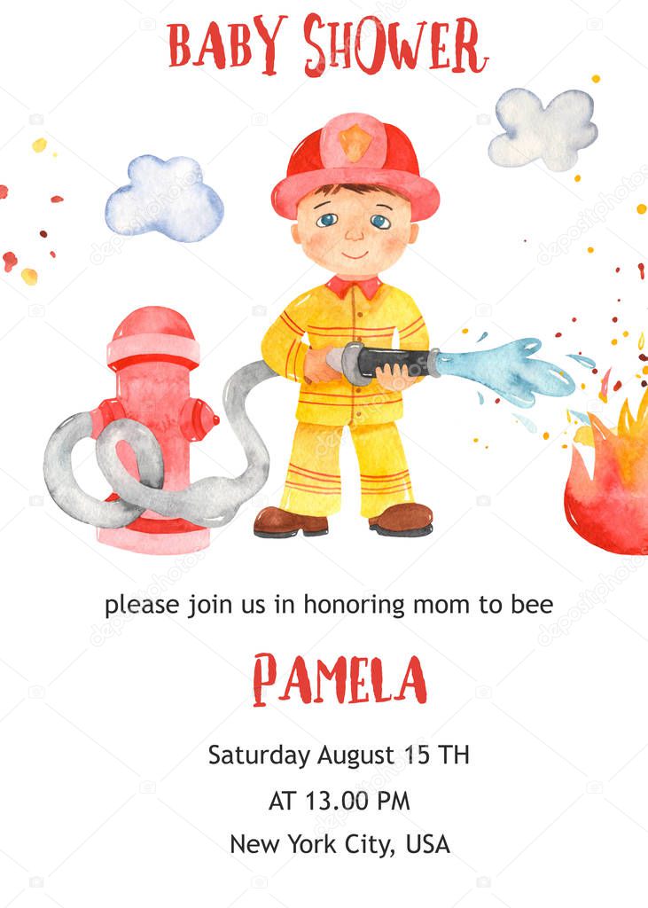 Cute cartoon fireman boy. Watercolor baby shower card template