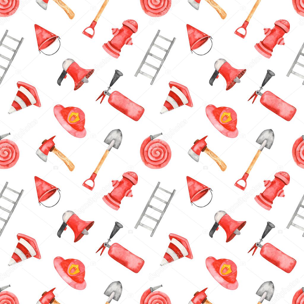 Cartoon fire equipment on a white background. Watercolor milti directional seamless pattern 
