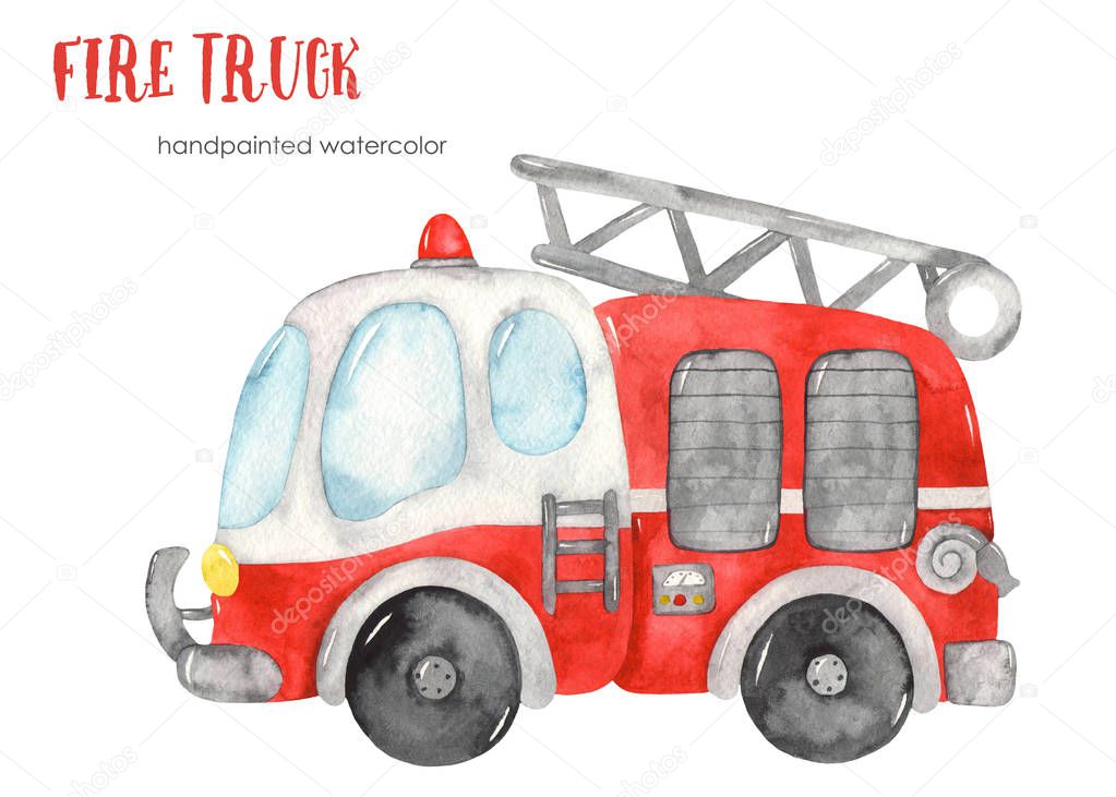 Cute cartoon fire truck. Watercolor clipart  for kids