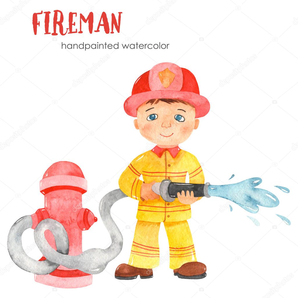Cute cartoon firefighter boy and fire hose. Watercolor illustration for kids