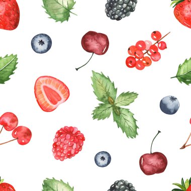 Beyaz arka planda kırmızı ve siyah böğürtlenler. Suluboya el boyası kusursuz desen