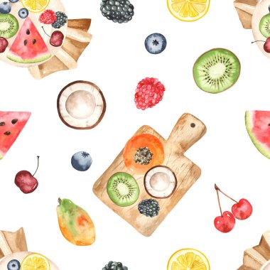 Tabakta meyveler ve beyaz arka planda bir tahta. Suluboya kusursuz desen.