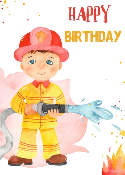 Cartoon Jongen Brandweerman Gelukkige Verjaardag Kinderen Aquarelkaart Template — Stockfoto