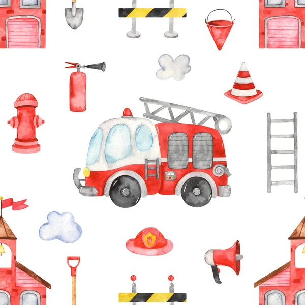 Fire Station Truck Fire Equipment Watercolor Seamless Pattern White Background — Stock Photo, Image