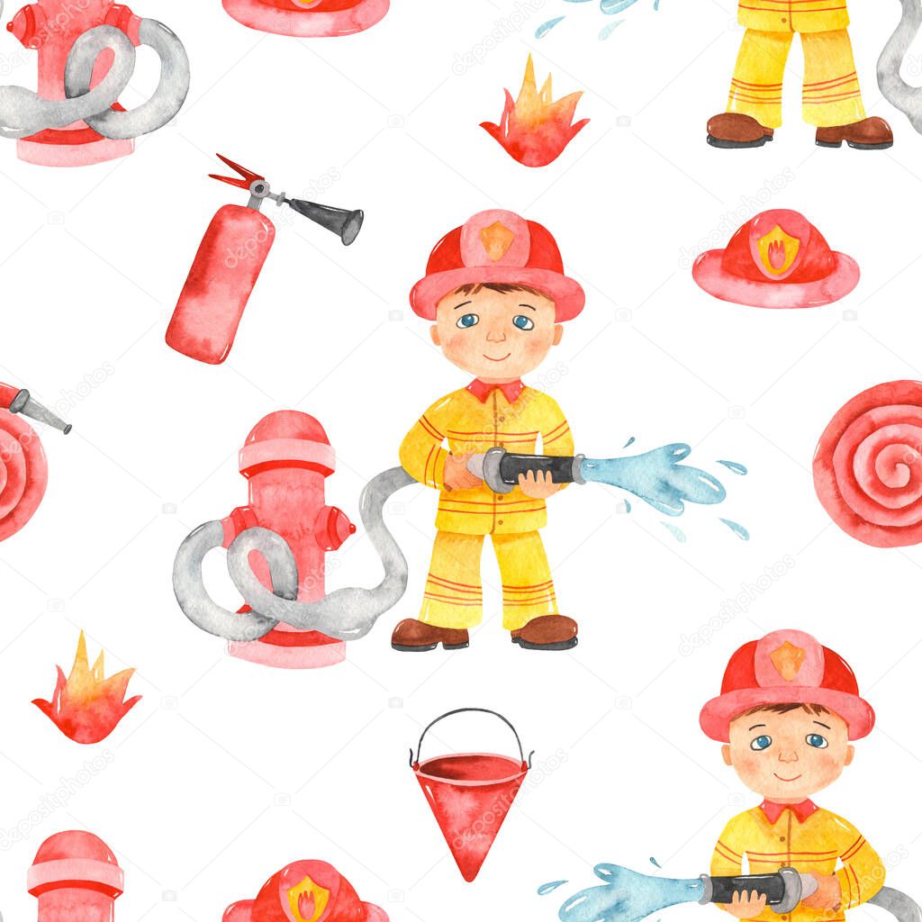 Boy fireman and fire equipment on a white background. Watercolor seamless pattern