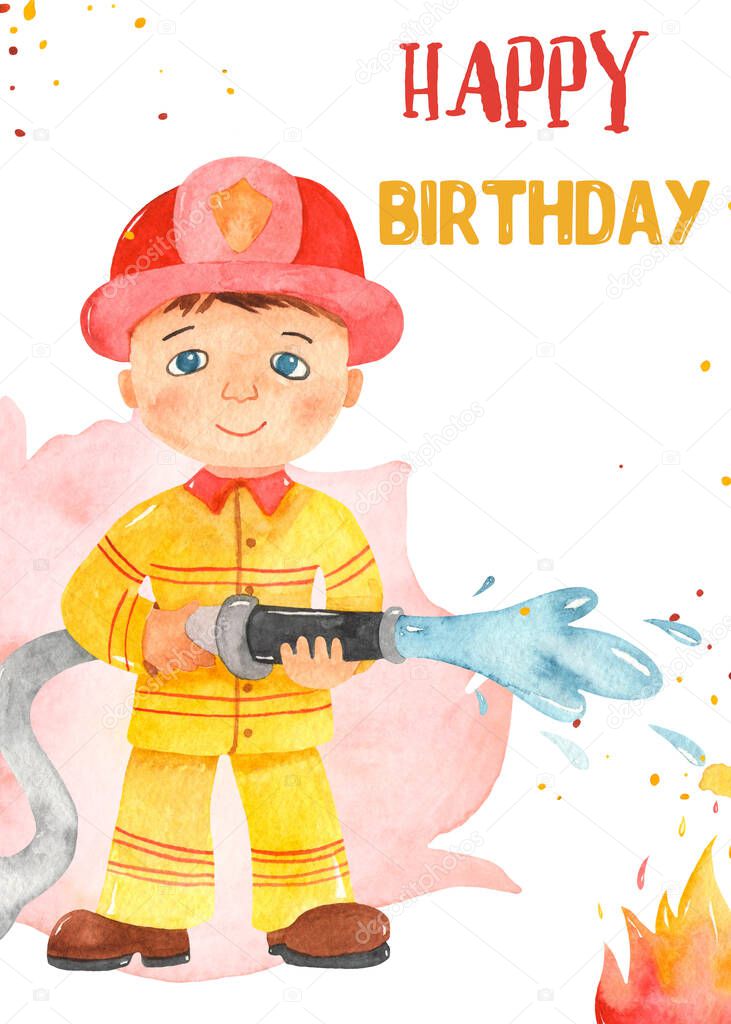 Cartoon boy fireman Happy Birthday children. Watercolor card template