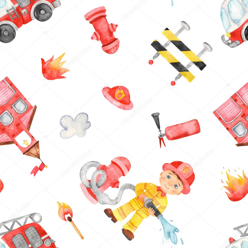 Cute cartoon fire engine, fireman, fire station. Watercolor seamless pattern on a white background
