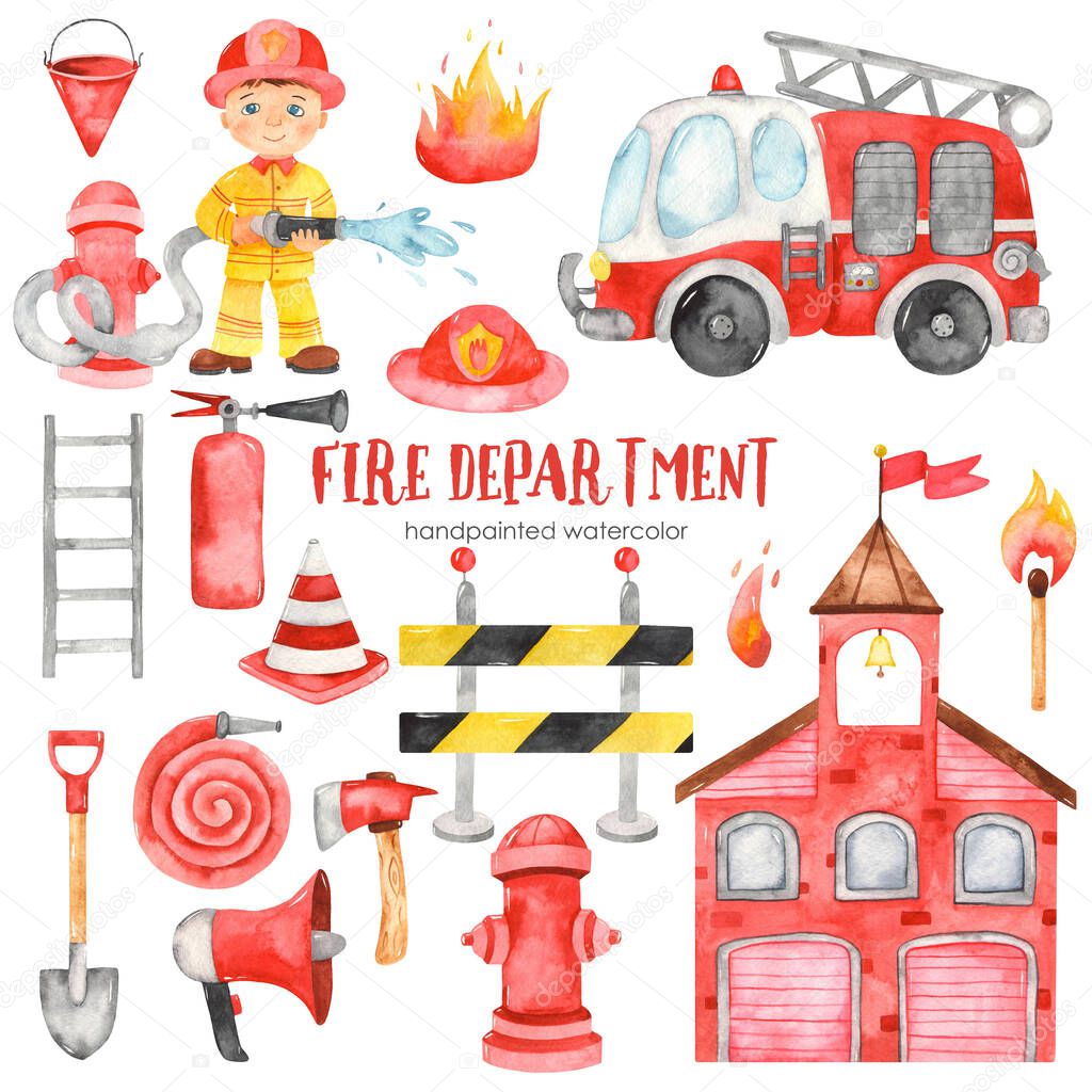 Cute cartoon fire station, fireman, fire truck and fire equipment. Watercolor set clipart for kids