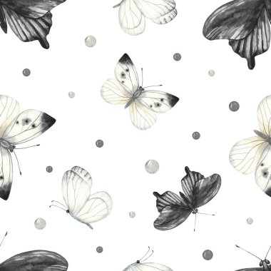 Beyaz arka planda siyah ve beyaz kelebekler. Suluboya kusursuz desen