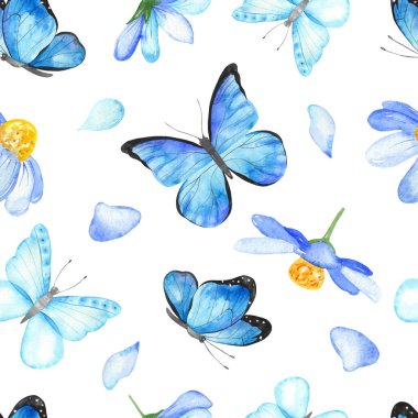 Beyaz arka planda mavi kelebekler ve çiçekler. Suluboya el pürüzsüz desen çizdi