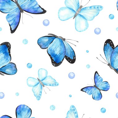 Beyaz arka planda mavi kelebekler. Suluboya el pürüzsüz desen çizdi