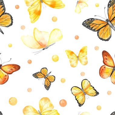 Beyaz arka planda sarı kelebekler. Suluboya el pürüzsüz desen çizdi