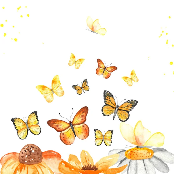 黄色い蝶と花 水彩手描き構成 — ストック写真