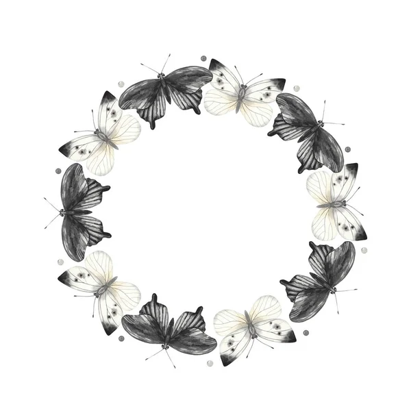 Schwarz Weiße Schmetterlinge Aquarell Handbemalter Runder Kranz — Stockfoto