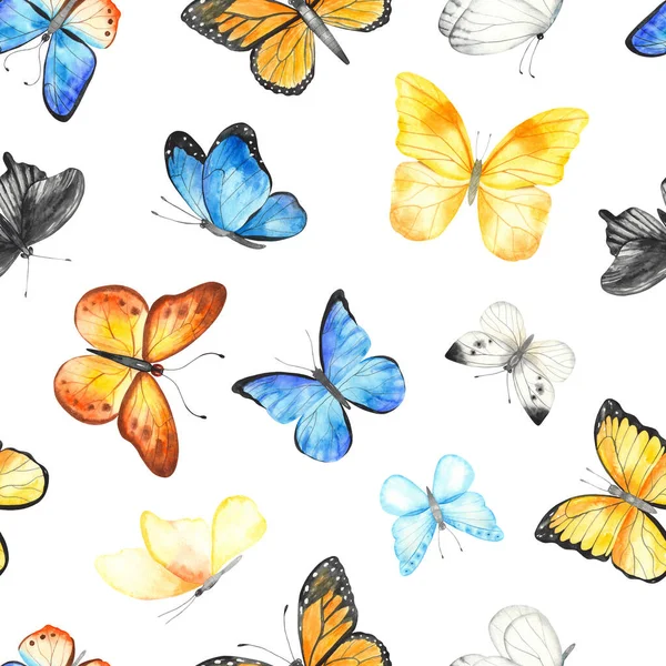 白い背景に多色の蝶 水彩手描きシームレスパターン — ストック写真