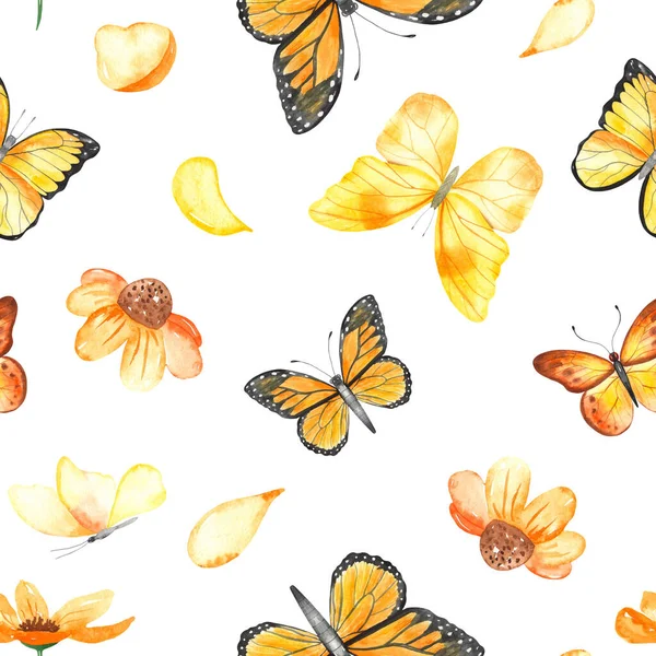 Yellow Butterflies Flowers White Background Watercolor Hand Drawn Seamless Pattern — Stock Photo, Image