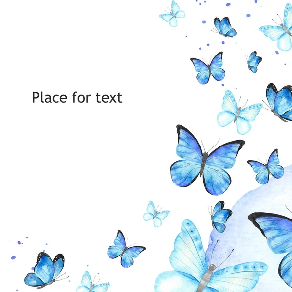 Modří Motýli Akvarel Ručně Malované Čtvercové Karty Elegantní Přání Pozdravu — Stock fotografie