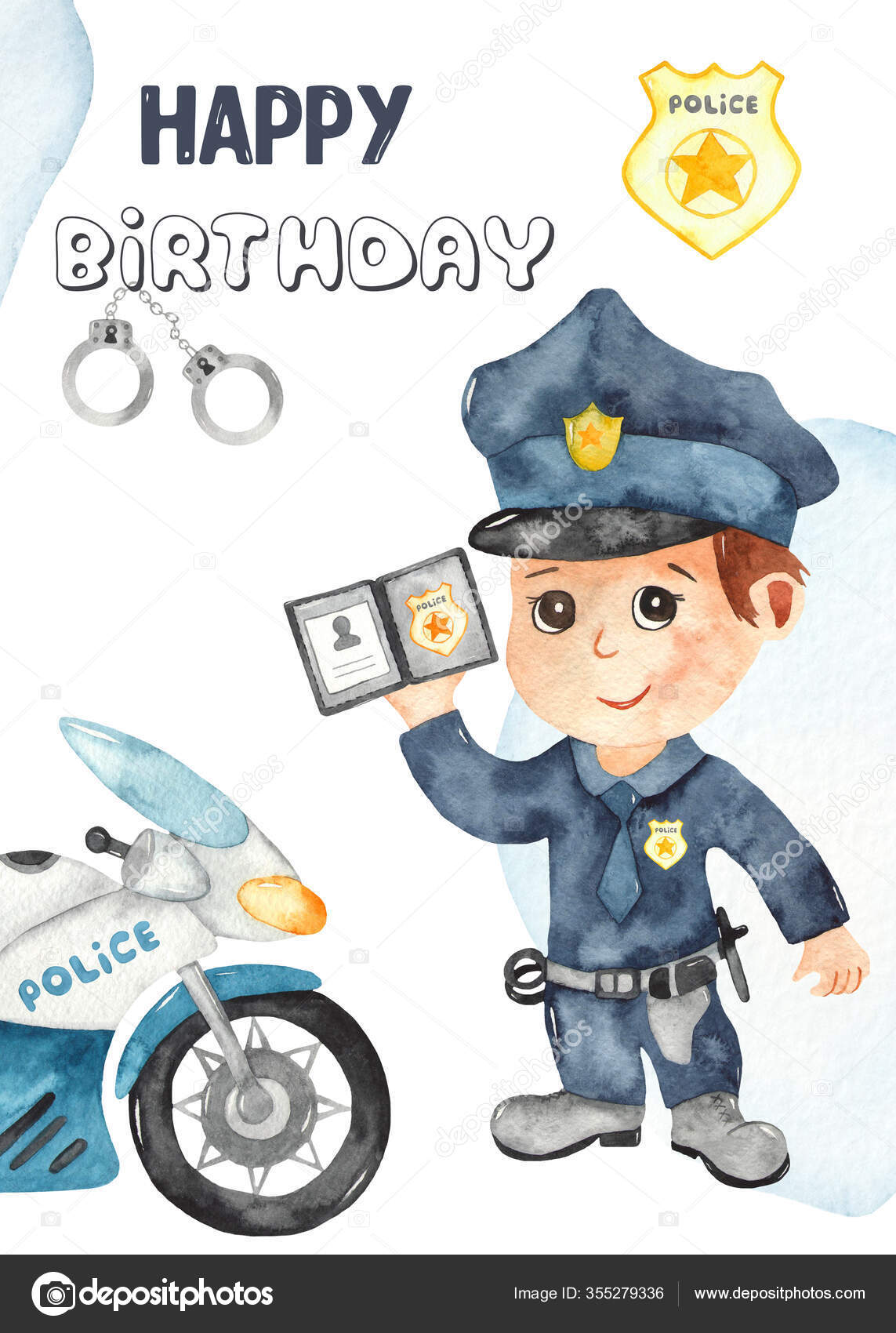 Boy Police Officer Motorcycle Happy Birthday Watercolor Card Stock Photo By C Marinaermakova