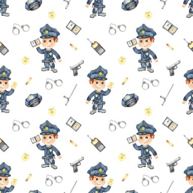 Beyaz bir arka planda erkek polis ve obit ekipmanları var. Suluboya kusursuz desen