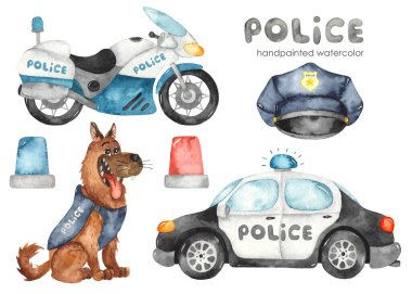Tatlı çizgi film polis arabası, motosiklet, köpek ve yanıp sönen ışıklar. Suluboya elle boyanmış klima