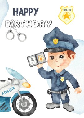 Çocuk polis memuru ve motosiklet. Mutlu yıllar suluboya kart