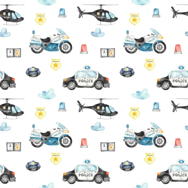 Police Helicopter Car Motorcycle Flashing Lights White Background Watercolor Seamless — Stock Photo, Image