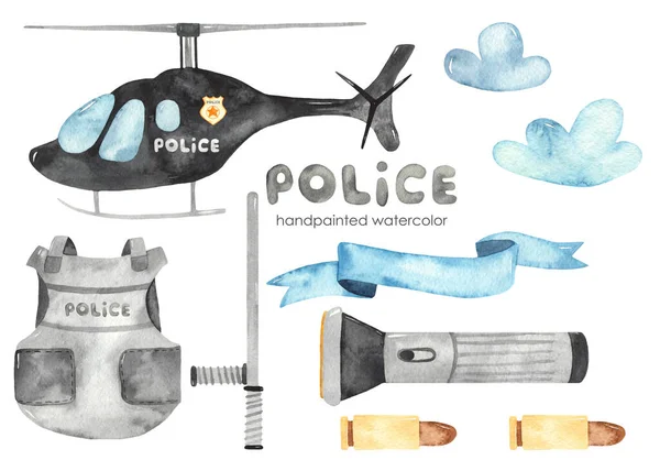 Policejní Vrtulník Pancíř Baterka Mraky Kulky Stuha Obušek Akvarel Ručně — Stock fotografie