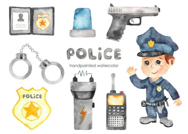 Słodki Chłopiec Kreskówek Policjant Sprzęt Policyjny Akwarela Ręcznie Malowane Clipart — Zdjęcie stockowe