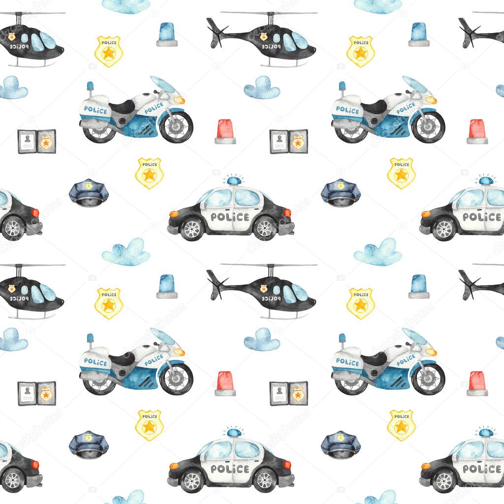 Police helicopter, car, motorcycle and flashing lights on a white background. Watercolor seamless pattern